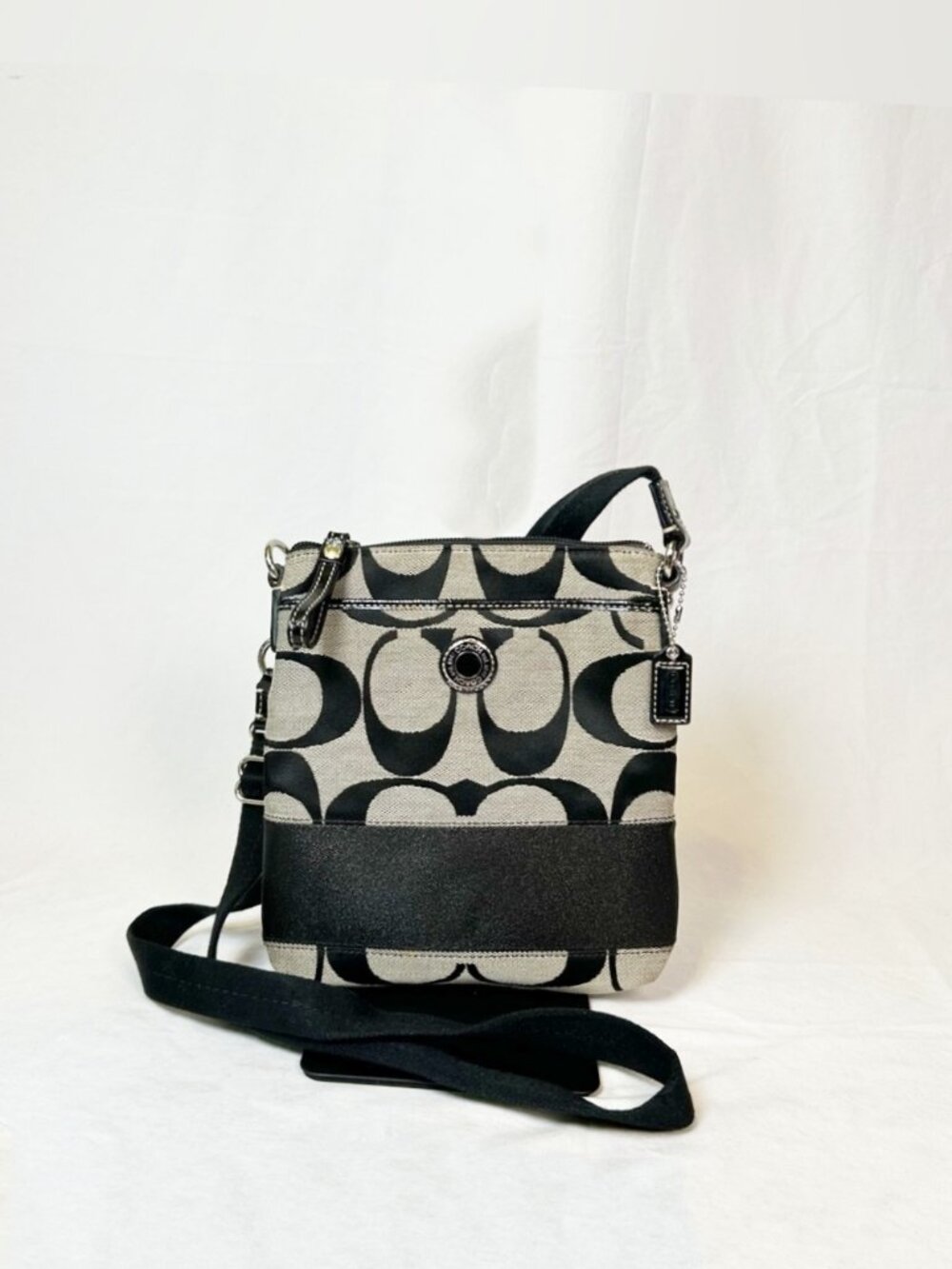 Coach Black Grey Canvas Signature Stripe File Bag Swingpack Crossbody Bag